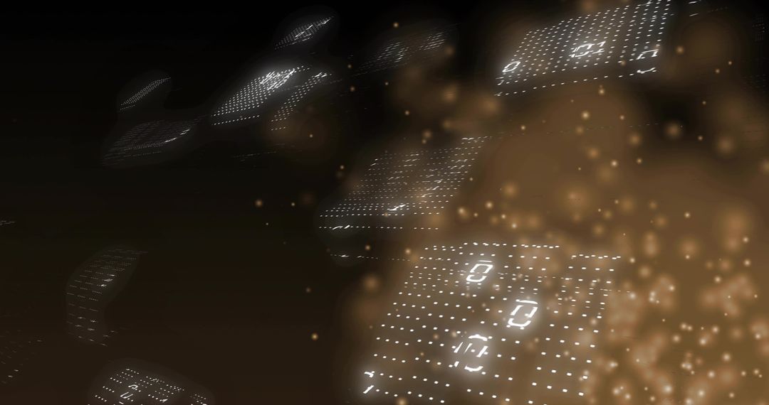 Futuristic amber LED keypad panels glowing amid volumetric bokeh and dot-matrix depth