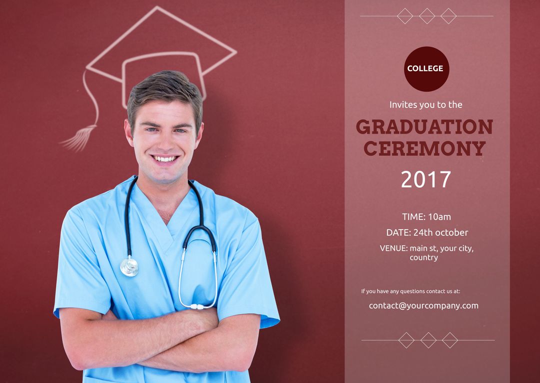 Smiling Medical Graduate with Graduation Ceremony Invitation Background