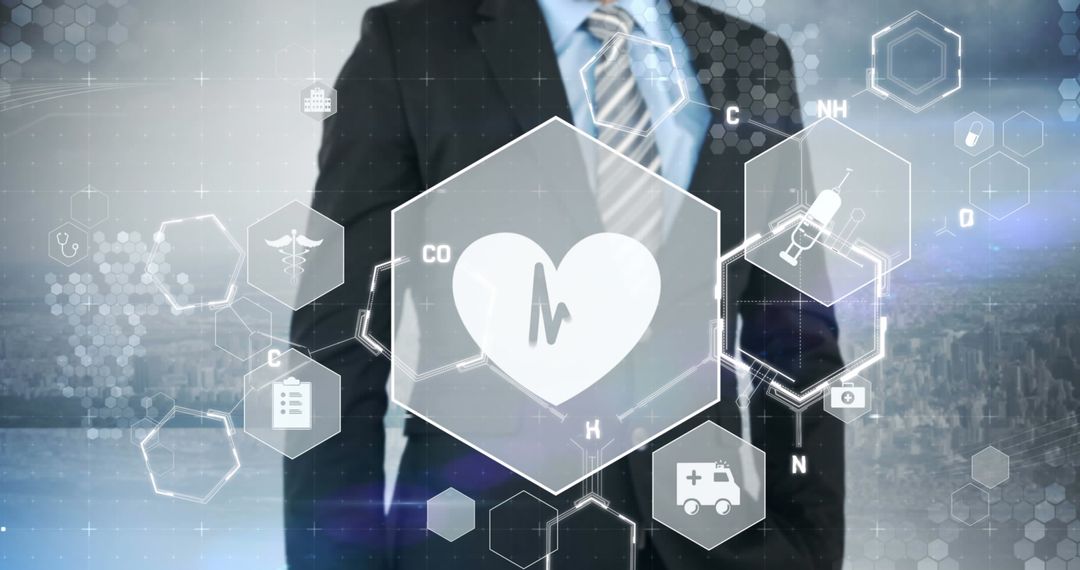 Businessman with Medical Icons and Digital Interface Overlay