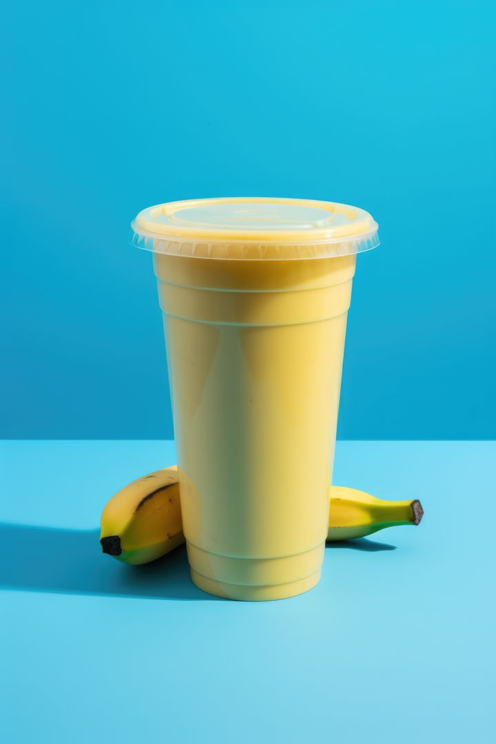Yellow Smoothie in Plastic Cup with Bananas on Blue Background - Free Images, Stock Photos and Pictures on Pikwizard.com