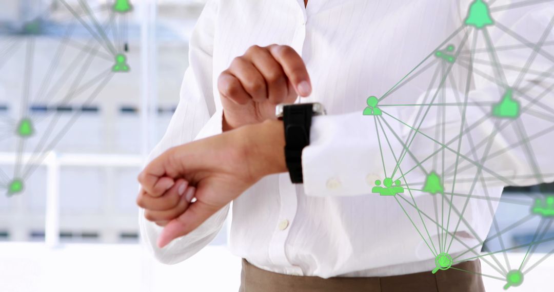 Businesswoman Using Smartwatch with Digital Networking Icons