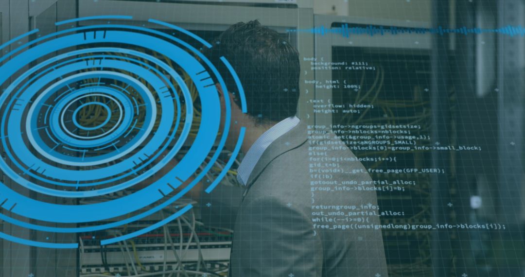 IT Technician Analyzing Network Data with Digital Interface