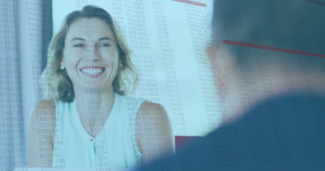 Businesswoman Smiling Amidst Digital Data Interface
