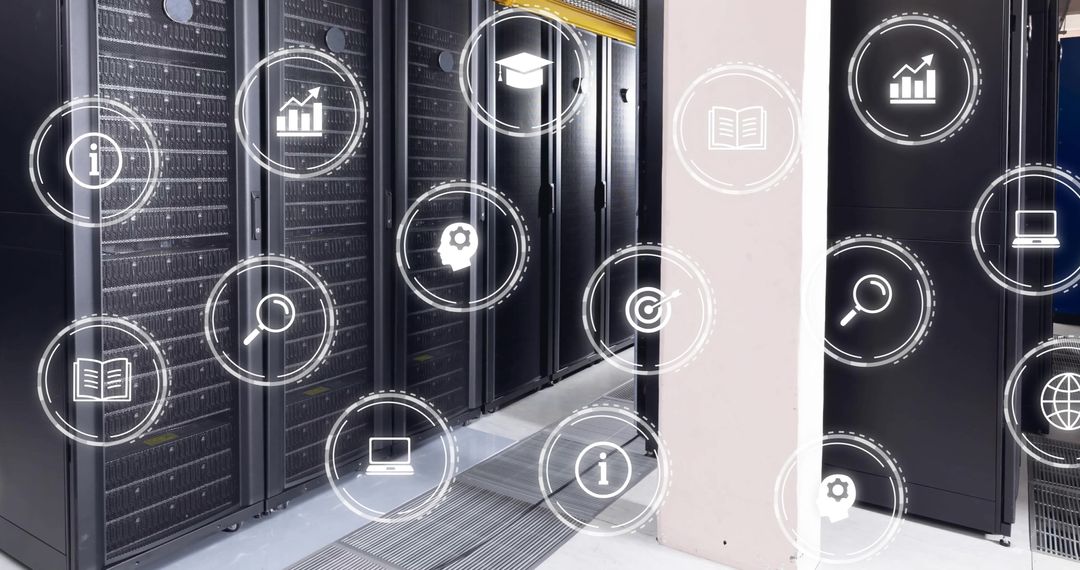 Digital Icons Overlaying Modern Data Server Room for IT Connectivity