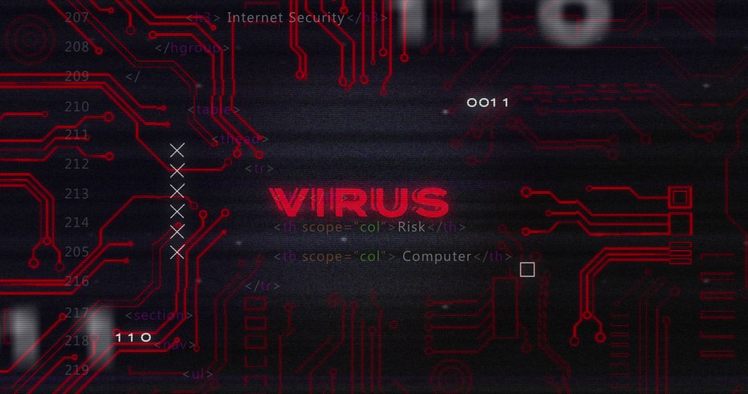 Digital Virus Warning Overlay on Circuit Inspired Background