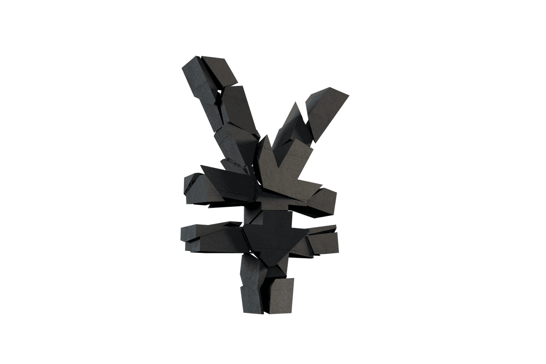 3D Yen Symbol in Fragmented Black Gloss on Transparent Background