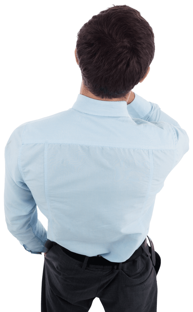 Transparent Back View Businessman Contemplating in Office Attire