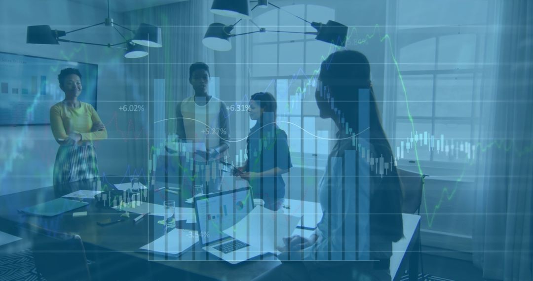 Business Team Analyzing Financial Data with Graphical Overlay