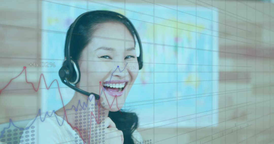 Smiling Businesswoman with Headset and Data Graph Overlay