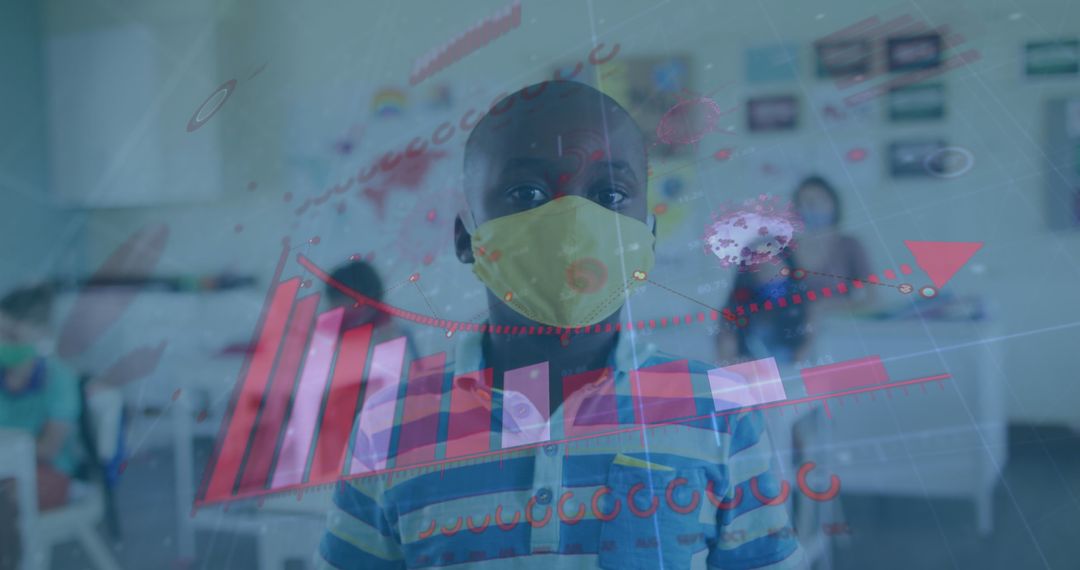 Child Wearing Mask in Classroom with Digital Statistics Overlay