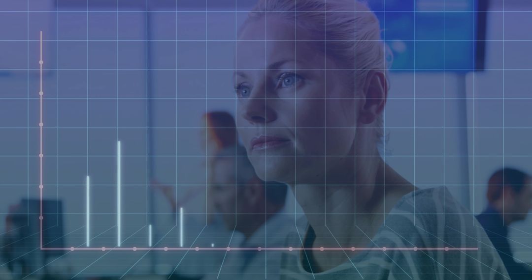 Woman Examining Intersecting Charts with Digital Overlay
