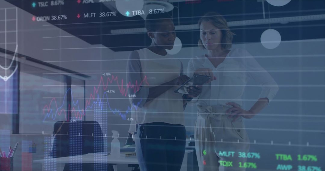 Colleagues Collaborating with Financial Data Visualization Overlay