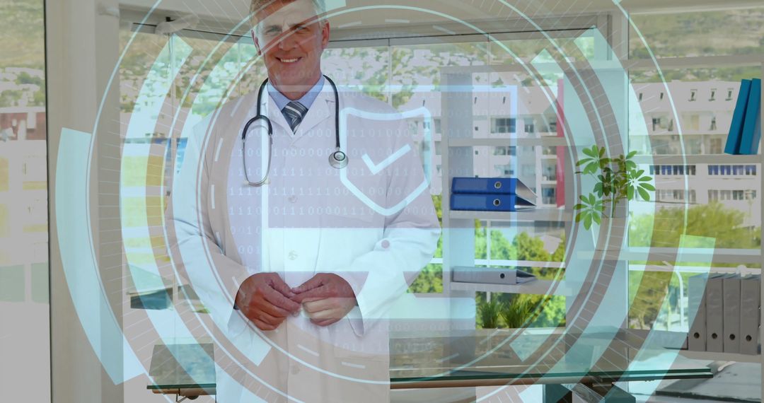 Senior Doctor in Clinic with Futuristic Digital Interface