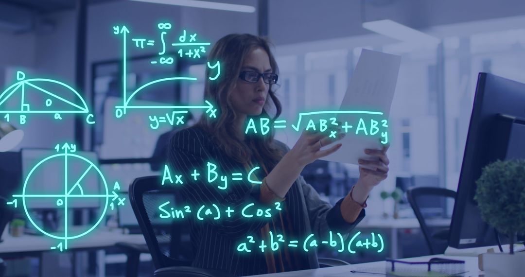 Female Student Analyzing Mathematical Formulas on Digital Screen
