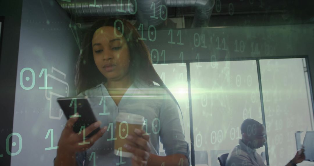 Businesswoman Using Smartphone with Digital Binary Overlay in Office