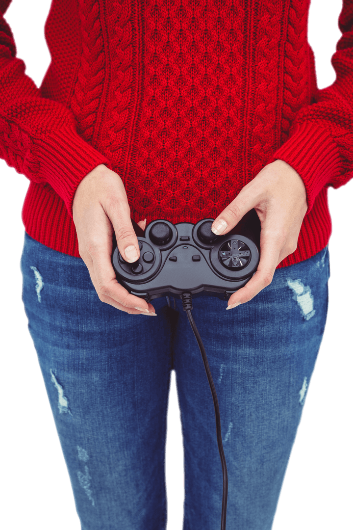 Woman in Red Sweater with Game Controller Transparent Design