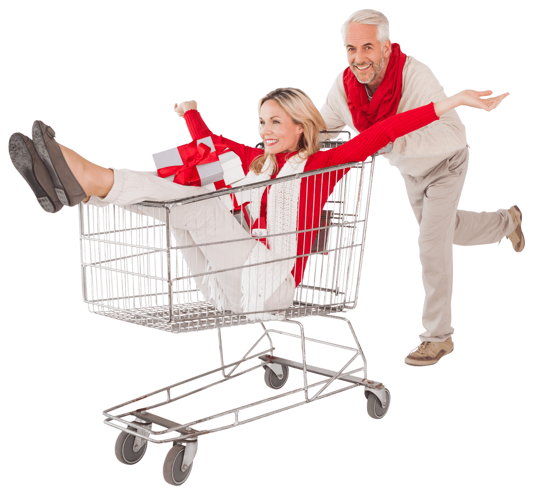 Joyful Couple with Shopping Cart Transparent Background