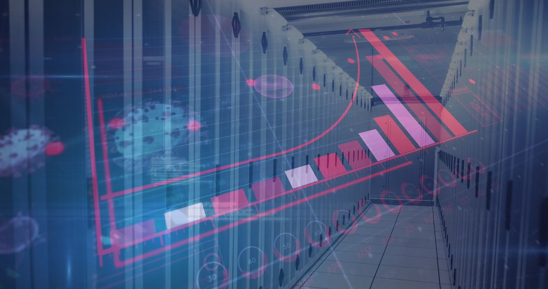 Digital Interface Overlay in Server Room with Coronavirus Graphic