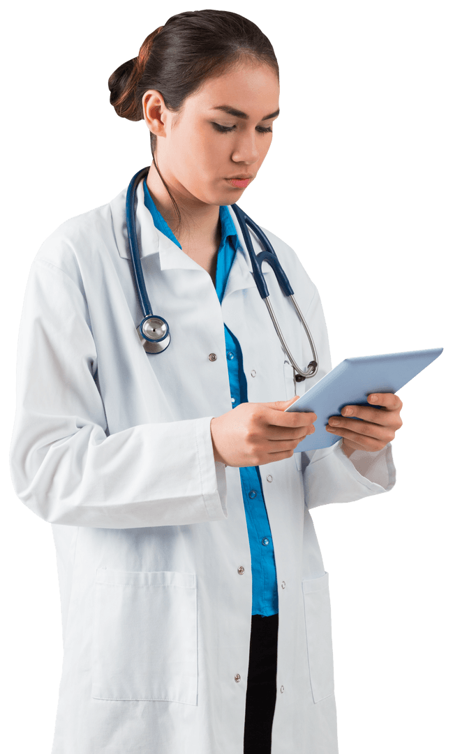 Young Doctor with Tablet and Stethoscope on Transparent Background