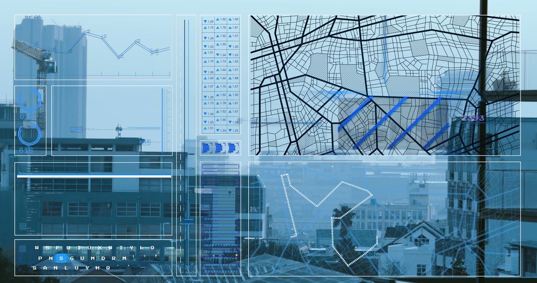 Digital Interface Visualizing Urban Cityscape with Analytical Data Overlay