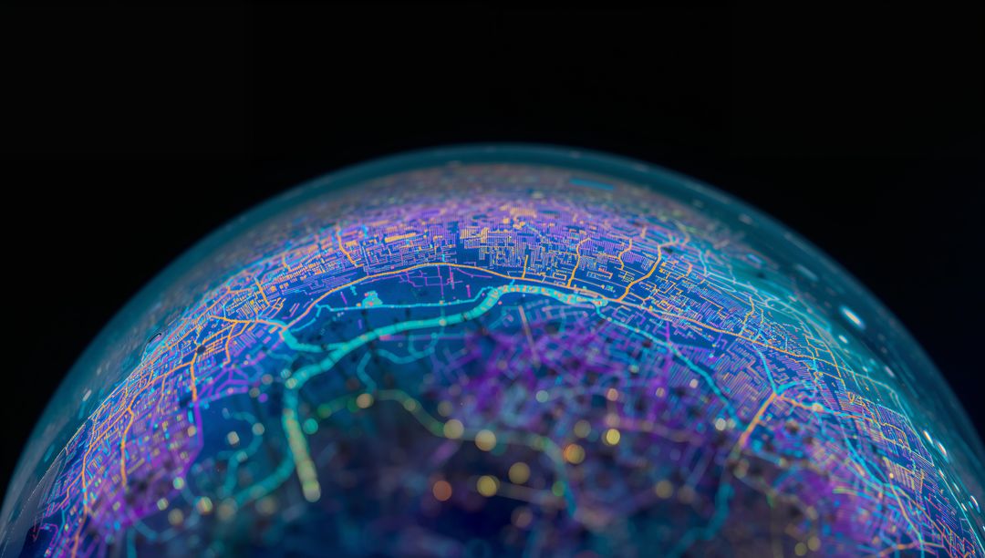 Glowing Neon Network Globe with Futuristic City Grid, Digital Nodes and Data Streams