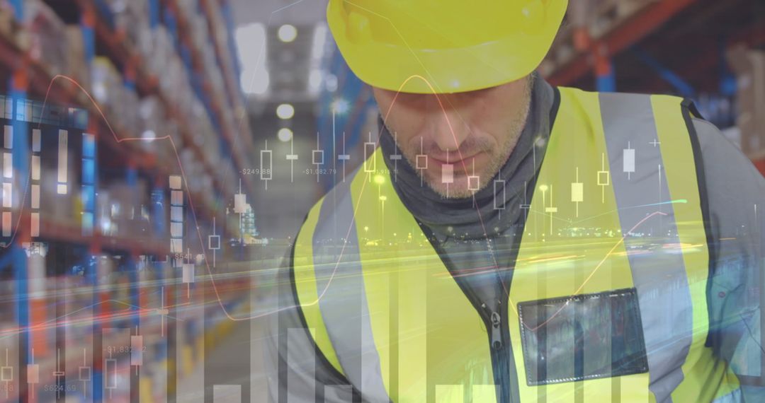 Warehouse Worker Analyzing Data with Virtual Graph Overlay