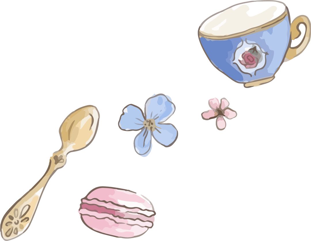 Floating Blue Rose Teacup with Gold Spoon and Macaron on Transparent Background