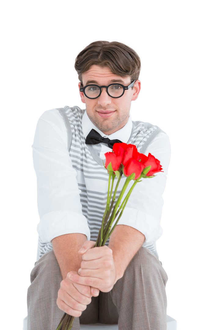 Transparent Geeky Hipster Offering Flowers with Love