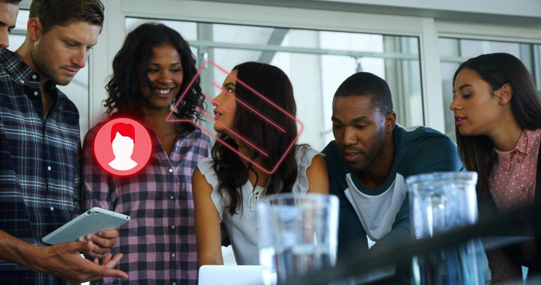 Team Collaborating with Technology and Augmented Reality Icons