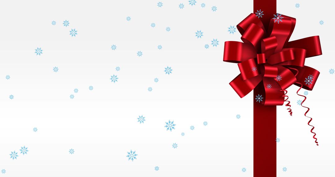 Red Ribbon Present with Falling Snowflakes on White Background