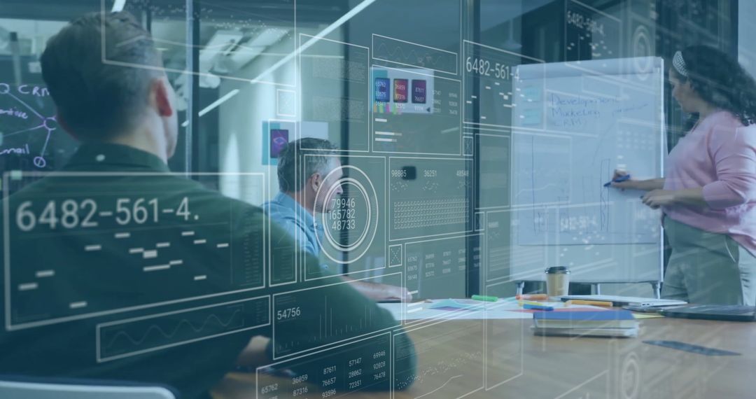 Innovative Team Meeting with Digital Data Interface Overlay