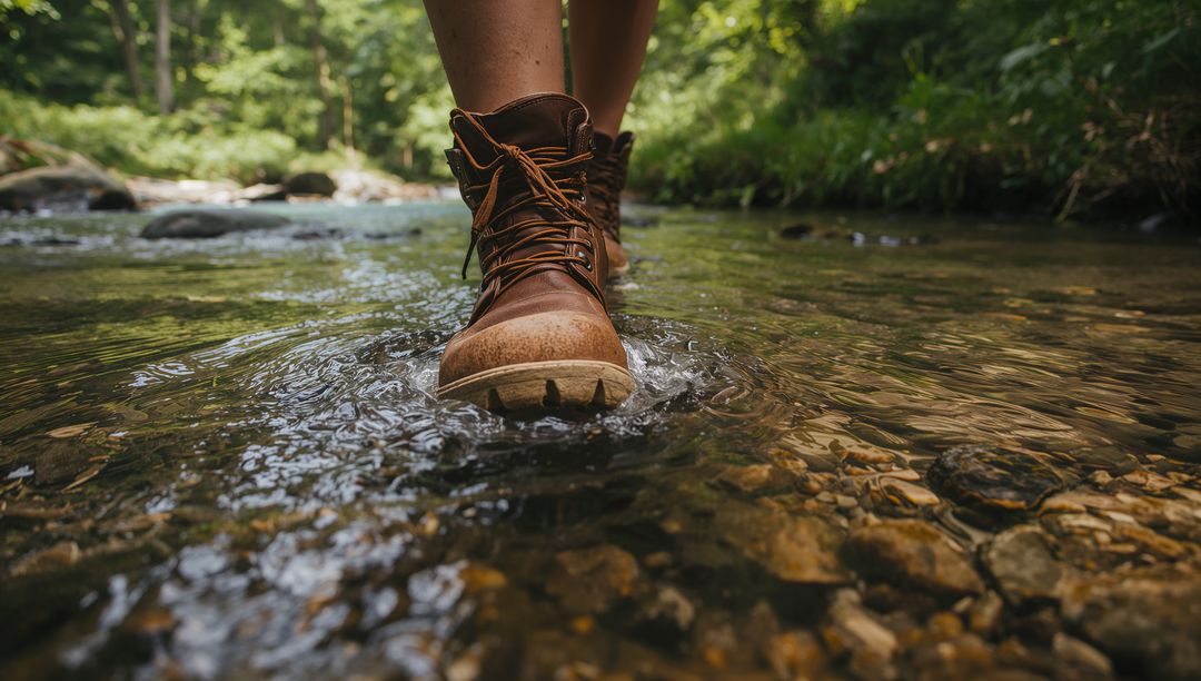 Low Angle Closeup Brown Leather Hiking Boot Walking Through Shallow Creek with Ripples