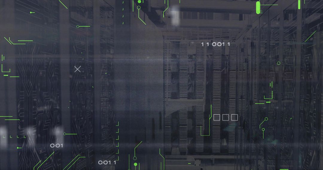 Streaming Data Center Server Racks with Futuristic Green HUD Overlay and Circuitry