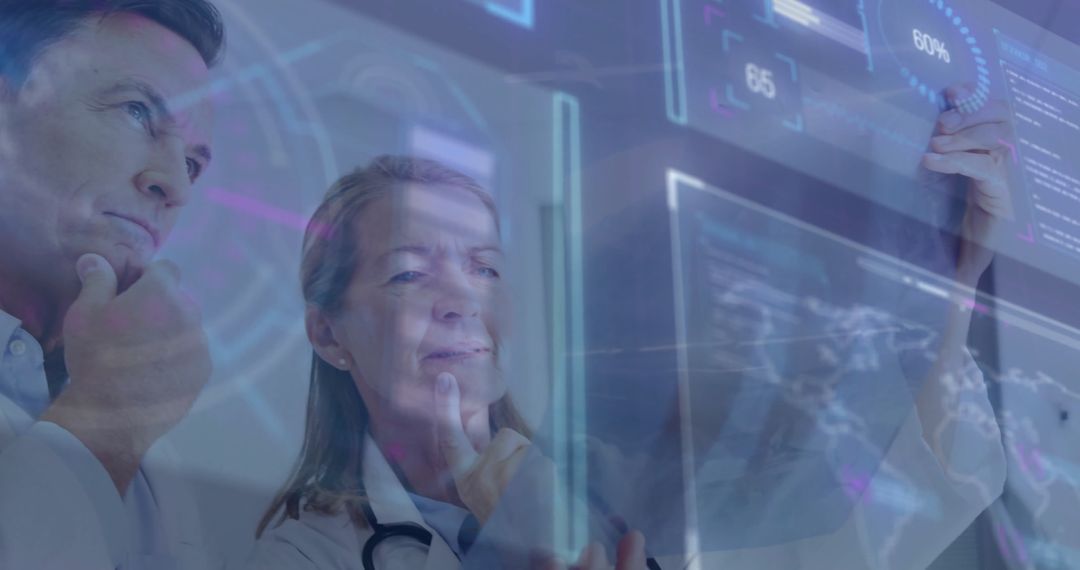 Doctors Analyzing Data on Digital Screen in Futuristic Lab Setting