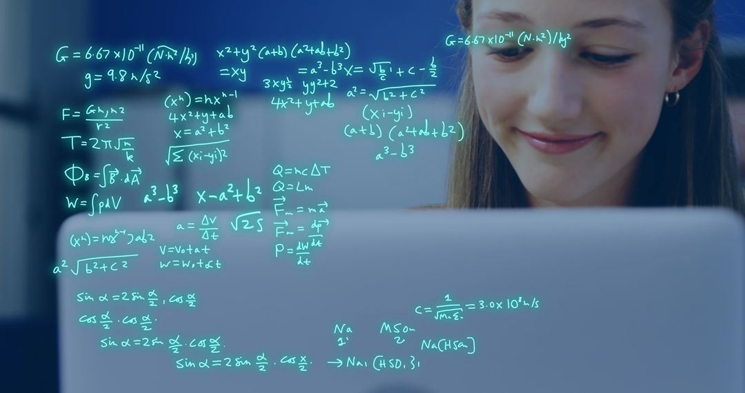 Female Student Analyzing Complex Equations on Laptop Screen