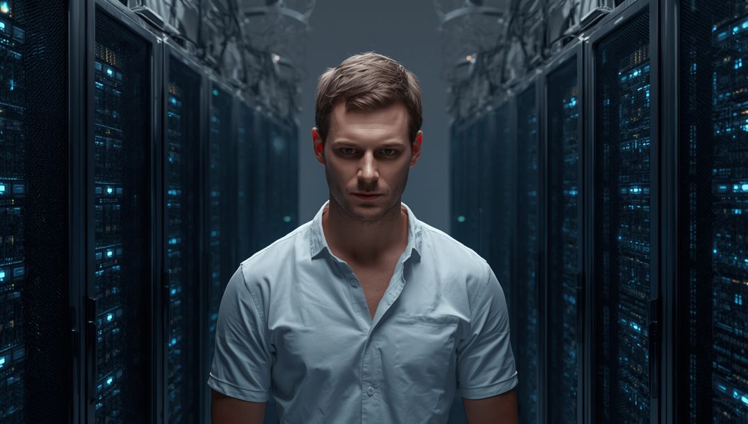 IT Technician Inspecting Data Center Servers with Blue Glowing LEDs