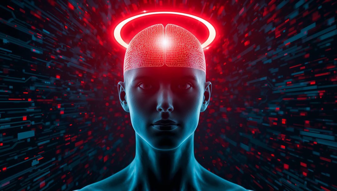 Futuristic AI Cyborg with Neural Mesh and Digital Halo