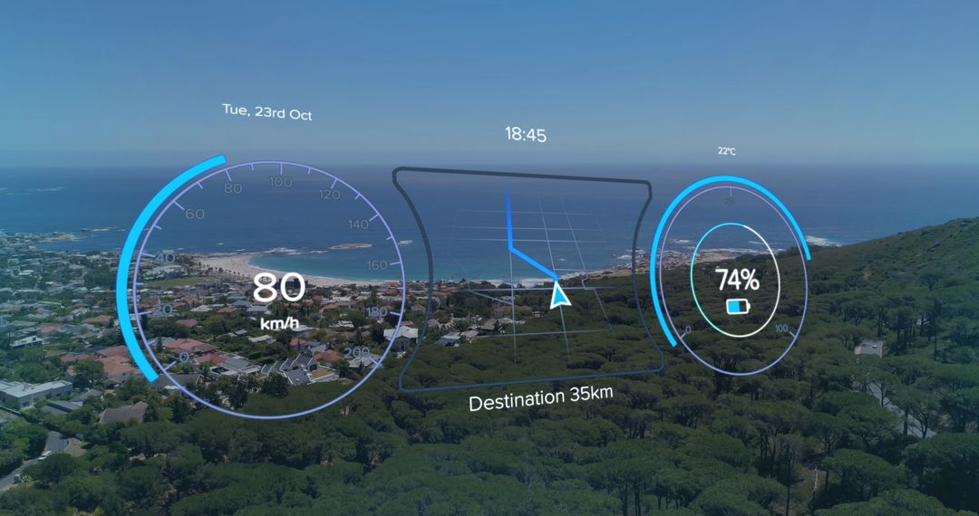 Digital Vehicle Dashboard Overlooking Scenic Coastal Road