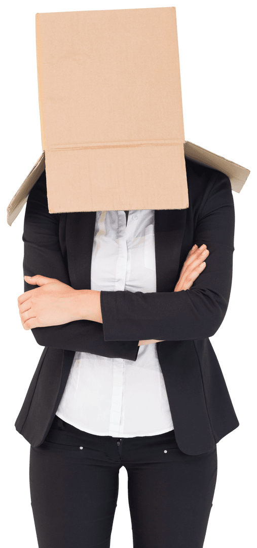 Businesswoman Unveiling Face from Cardboard Box in Transparent Background
