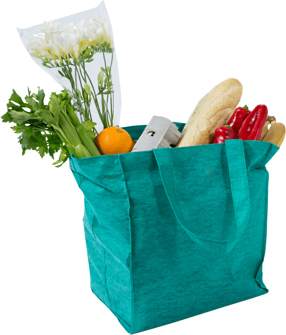 Eco-Friendly Reusable Shopping Bag with Fresh Groceries on Transparent Background