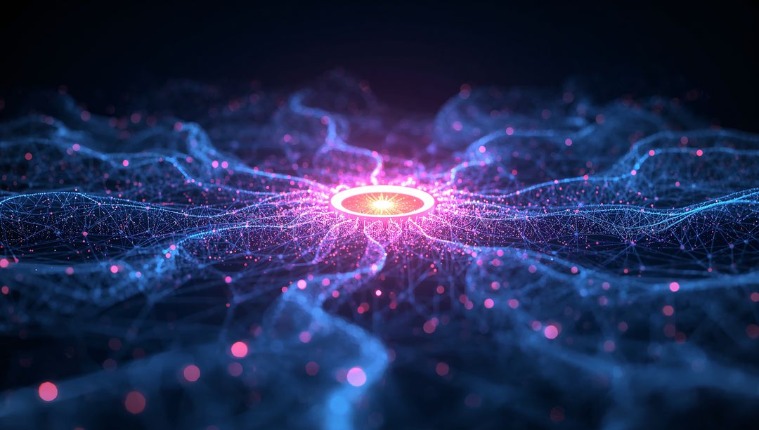 Glowing Central Ring Emitting Neural Filaments Across Dark Neon Mesh with Particle Nodes