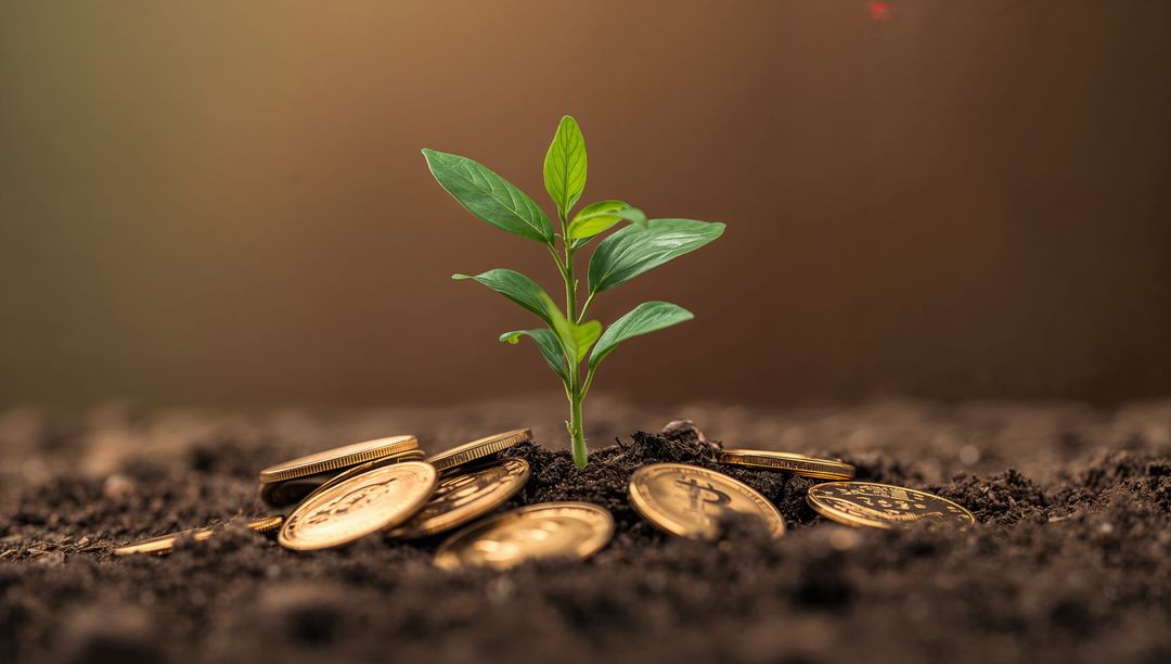 Green seedling sprouting from soil surrounded by gold coins symbolizing crypto growth