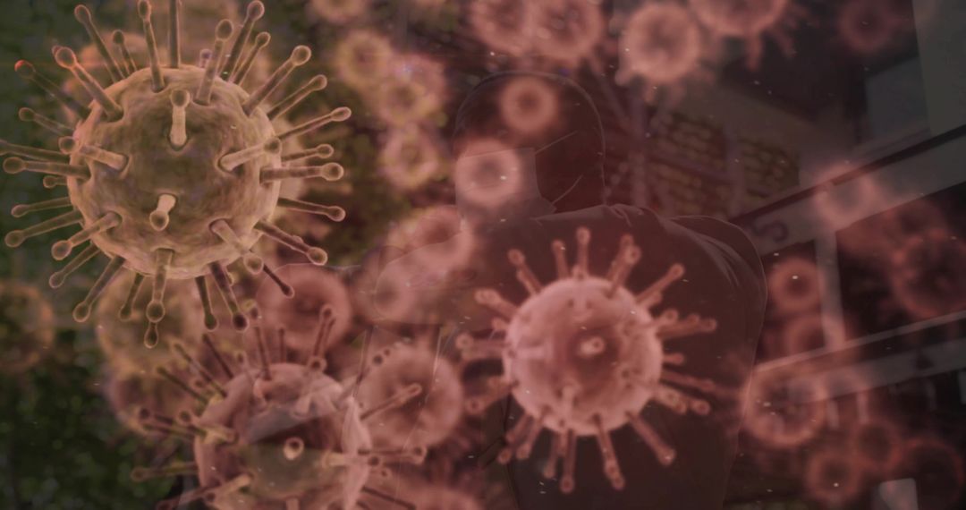 Viruses and a Man in Protective Gear emphasizing Health Safety