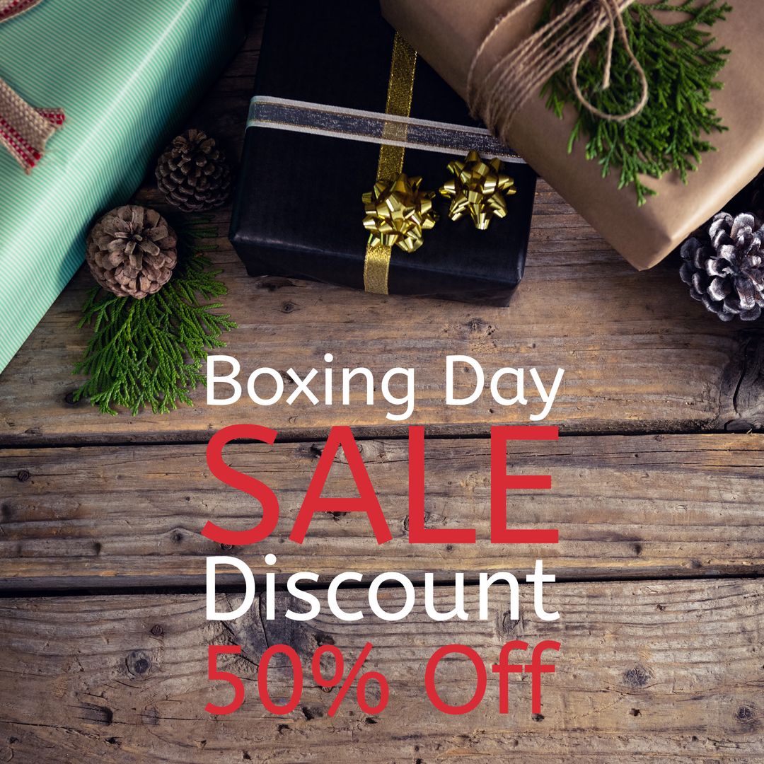Boxing Day Discount Promotion with Gift Boxes and Rustic Background