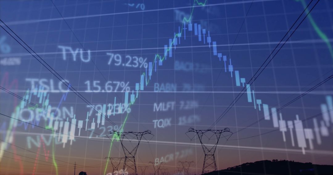 Energy and Finance Analysis at Dusk with Overlaid Data Visualization