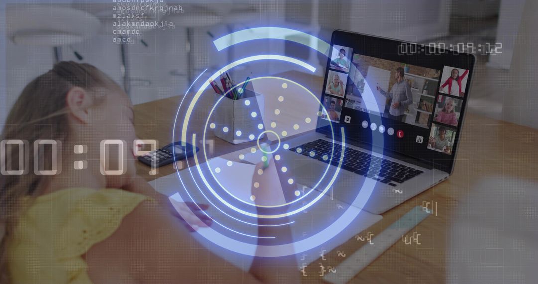 Child Studying Remotely at Kitchen Table Leaning on Arm Viewing Laptop with HUD Overlay