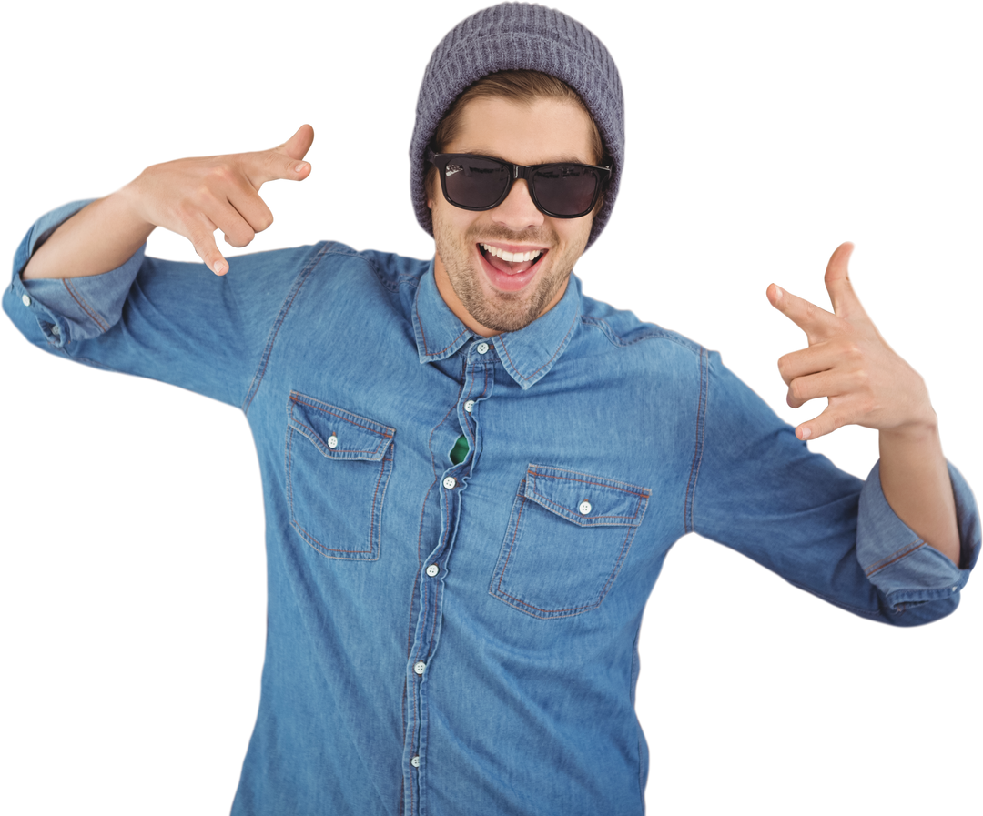 Transparent Hipster Young Man Expressing Joy in Denim and Beanie - Download Free Stock Images Pikwizard.com