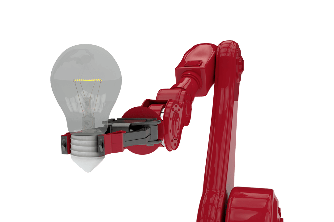 Transparent Robotic Arm Holding Light Bulb Innovation Concept