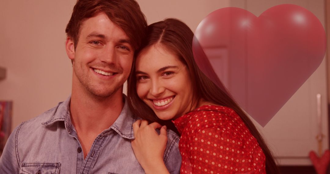 Happy Couple Embracing with Valentine's Heart Overlay