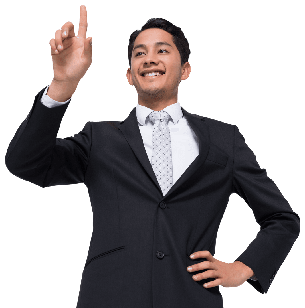 Happy Businessman Indicating Idea Transparents in Suit